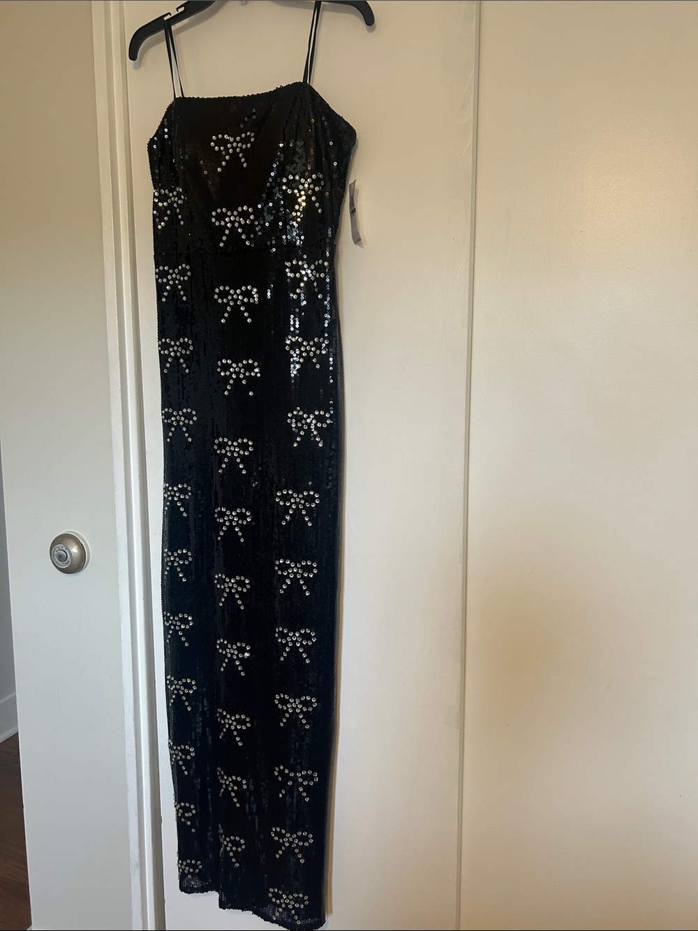 Strapless Black Sequin Maxi Dress with Bow Motif